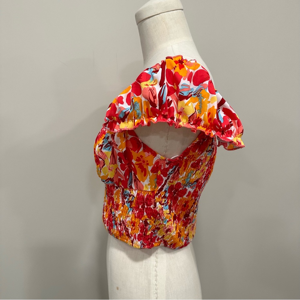 SHEIN Shirred Crop Top Orange and Red Floral Size Large 8/10 - Picture 4 of 10